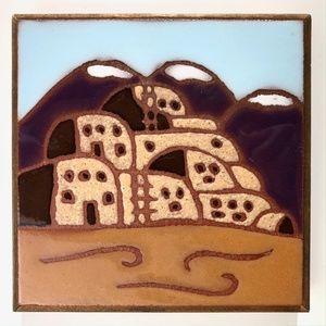 vintage Territorial Tile Trivet Southwestern Santa Fe NM Adobe Home Mountains